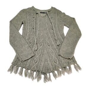 PrAna Shelby Pullover Poncho Sweater Cable Knit Fringe Hem Gray Small